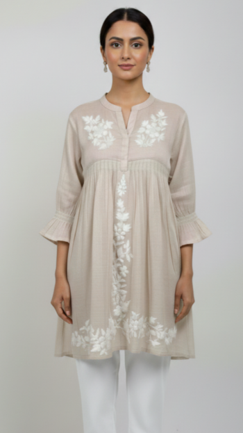 Beige Chikankari Handcrafted Frock Top