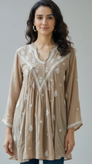 Beige Chikankari Handcrafted Tunic Top