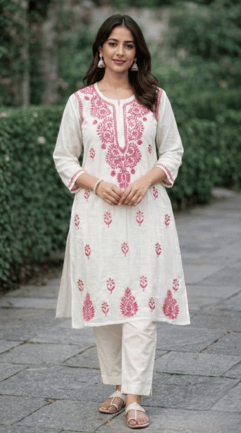 White Handcrafted Chikankari Kurti with Pink Embroidery