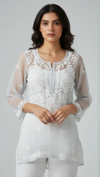 Handcrafted Chikankari Short Kurti Top – Sheer Elegance