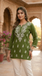 Olive Green Chikankari Handcrafted Short Kurti