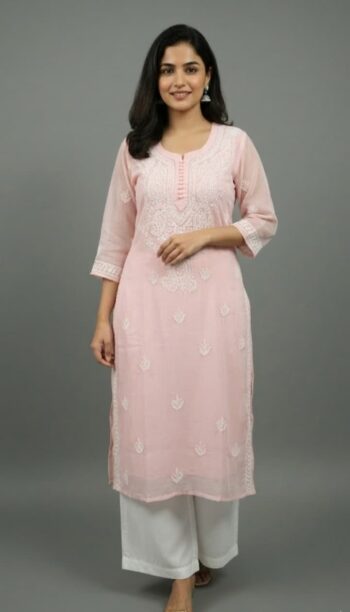 Pink Chikankari Handcrafted Kurti with Free Spaghetti Inner
