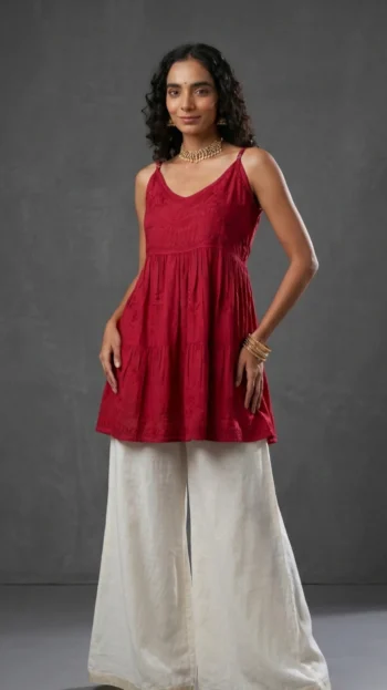 Red Chikankari Handcrafted Cotton Frock Top