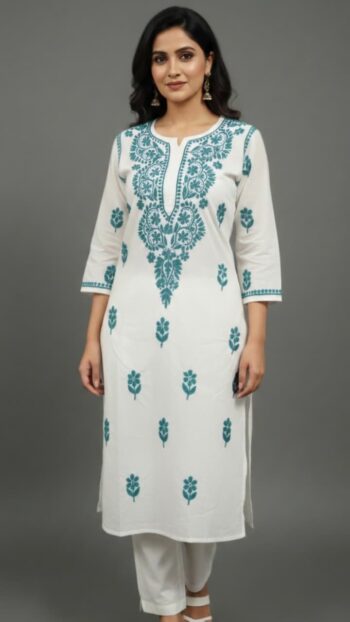 White Handcrafted Chikankari Kurti with Sea green Embroidery