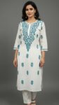 White Handcrafted Chikankari Kurti with Sea green Embroidery