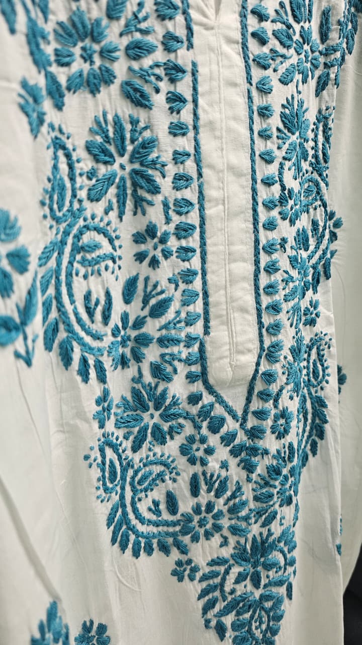 White Handcrafted Chikankari Kurti with Sea green Embroidery (2)