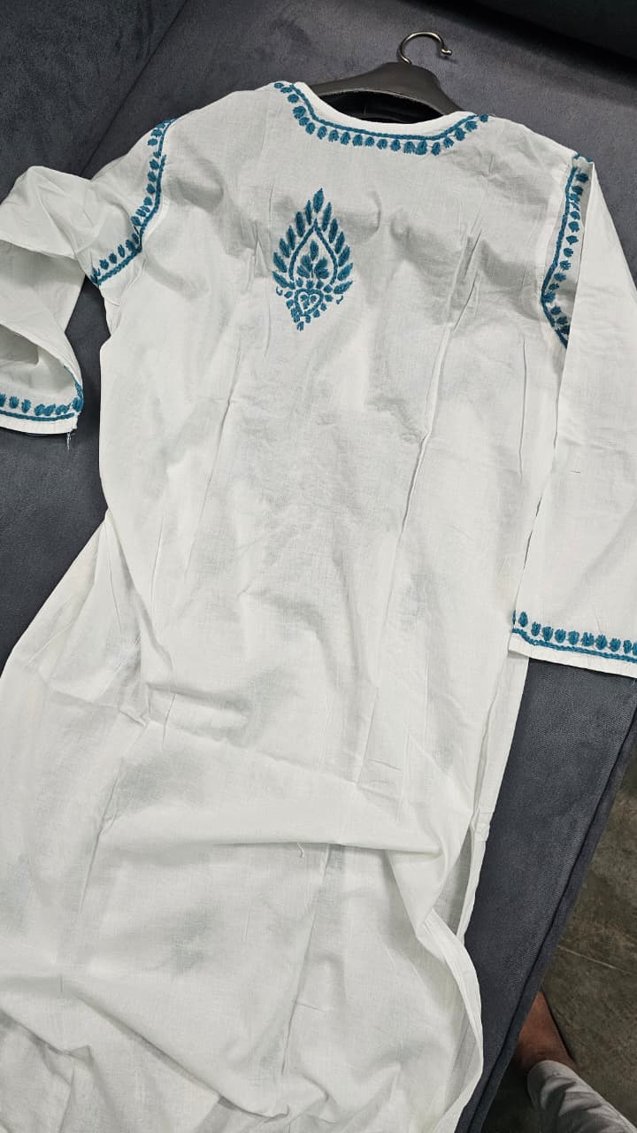 White Handcrafted Chikankari Kurti with Sea green Embroidery (3)