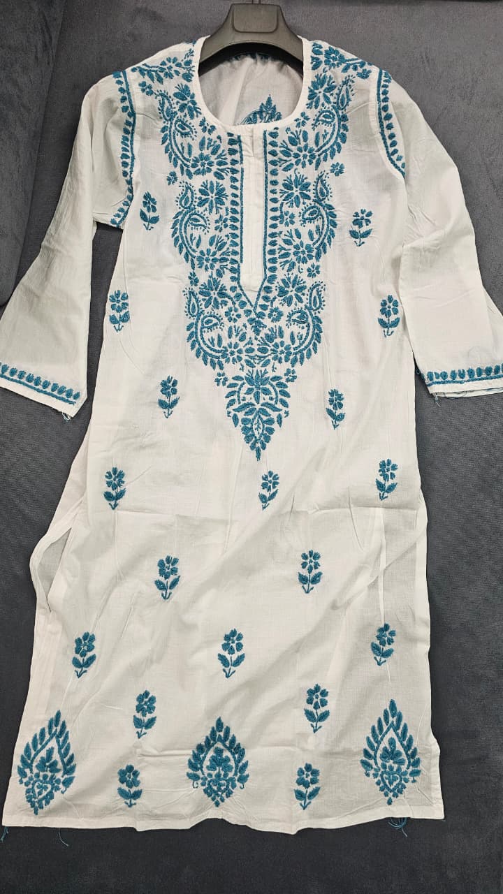 White Handcrafted Chikankari Kurti with Sea green Embroidery (4)