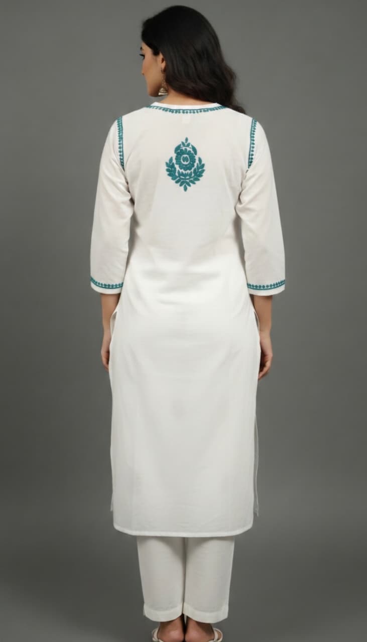 White Handcrafted Chikankari Kurti with Sea green Embroidery (5)